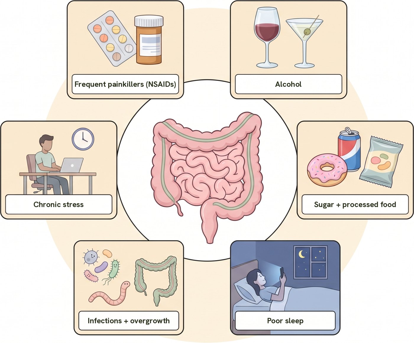 Painkillers, alcohol, stress, sugar and processed food, infections and poor sleep around the gut