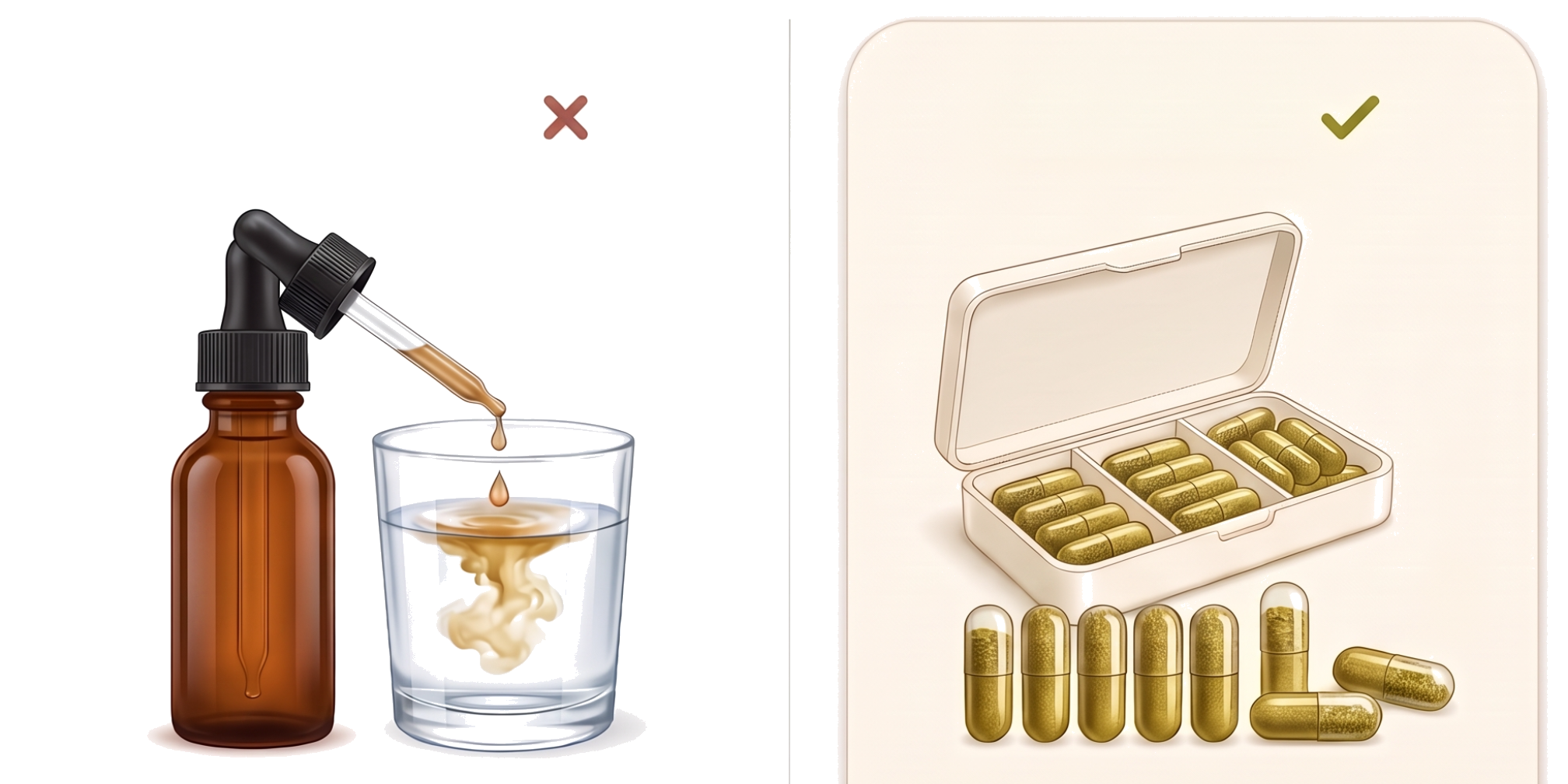 Diluted tincture dropper next to full-strength herbal capsules